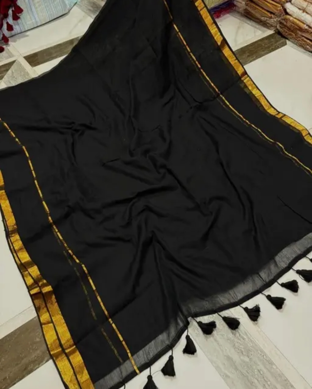 Black mul cotton with zari border