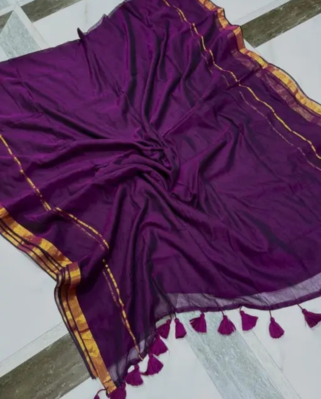 Purple mul cotton saree with zaree border