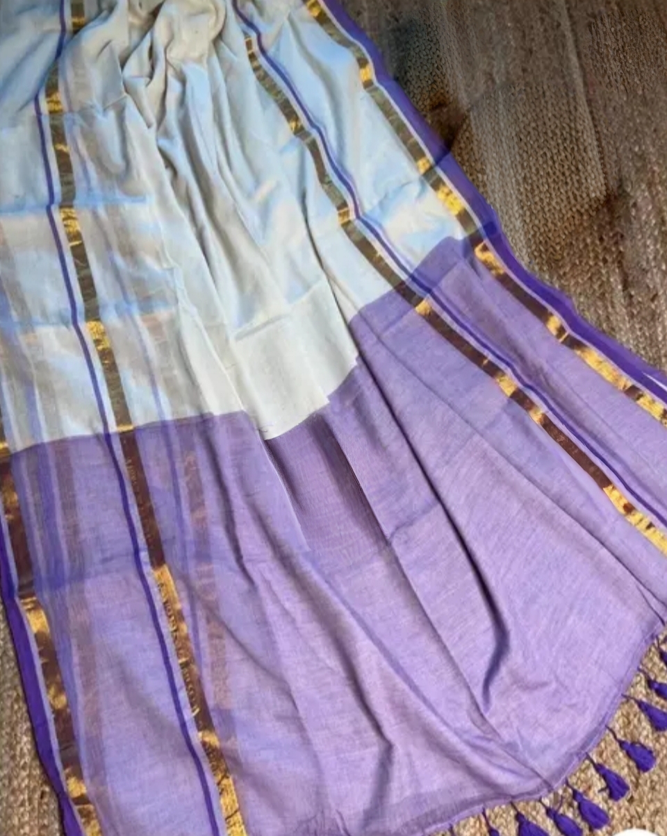 Violet border mul cotton saree with zari border